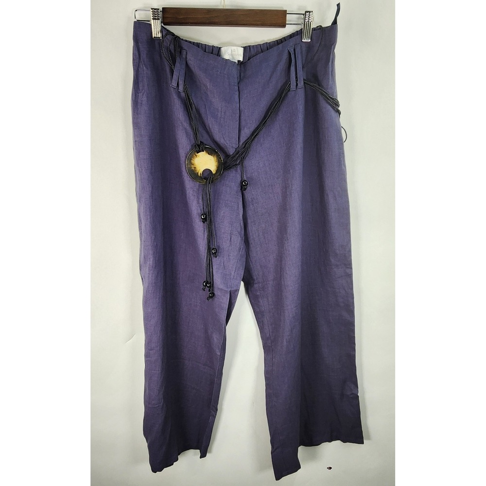 Soft Surroundings Linen Pants Women's LP Slate Blue Boho Leather Belt